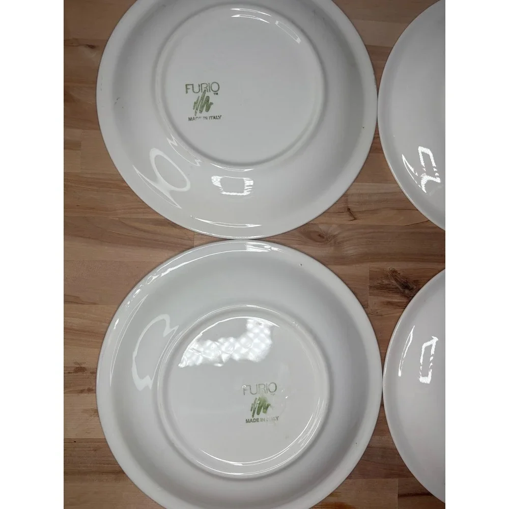 Furio Italy Christmas Tree Dinner Plates Set of 4 Green Sponged Red Rim 10.5in